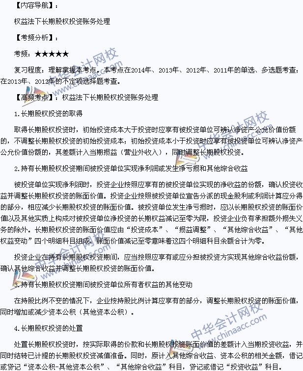 2015年《初級會計實務》高頻考點：權益法下長期股權投資賬務處理