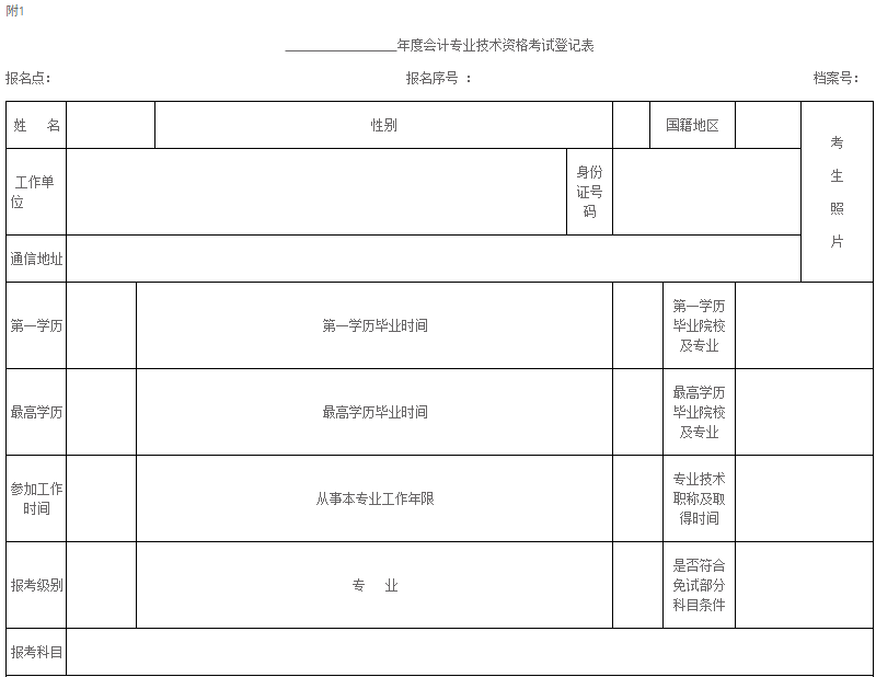 年度會計專業(yè)技術資格考試登記表