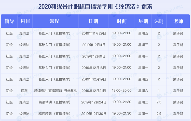 2020初級(jí)會(huì)計(jì)職稱考試直播領(lǐng)學(xué)班《經(jīng)濟(jì)法基礎(chǔ)》課程安排表