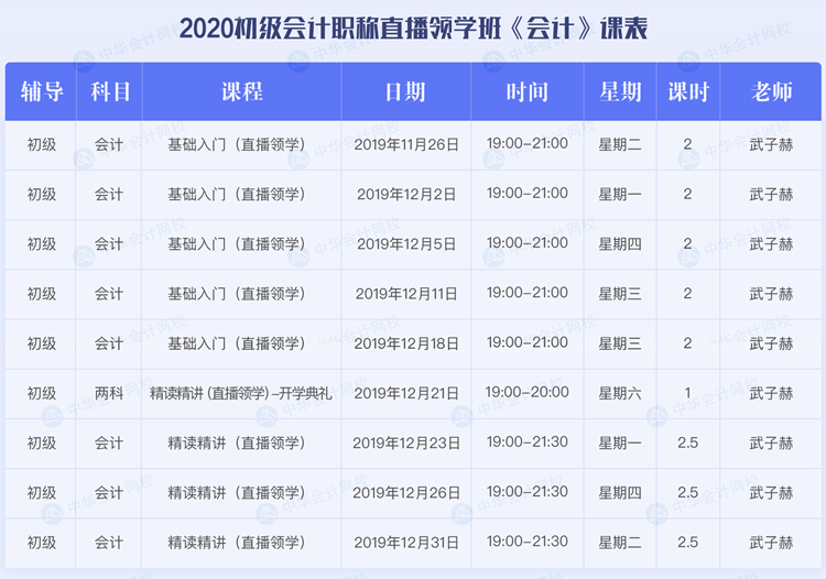 2020初級會計職稱考試直播領(lǐng)學(xué)班《初級會計實(shí)務(wù)》課程安排表