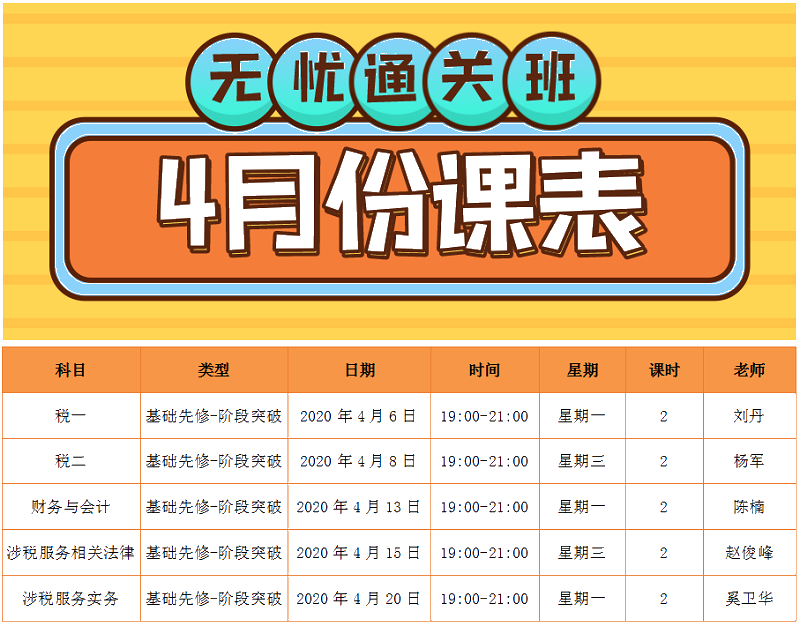 2020稅務(wù)師無(wú)憂直達(dá)班4月份課程表