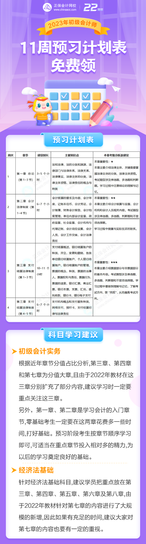 2023年初級(jí)會(huì)計(jì)考試11周預(yù)習(xí)計(jì)劃表免費(fèi)領(lǐng)！