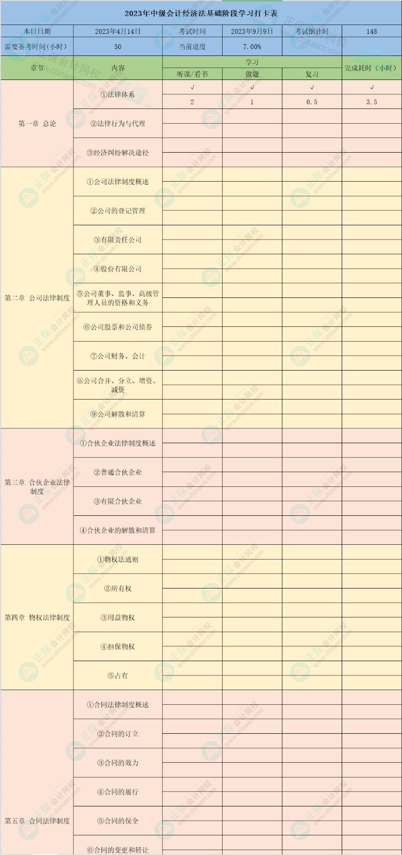 2023年中級會計經(jīng)濟(jì)法8章學(xué)習(xí)打卡表