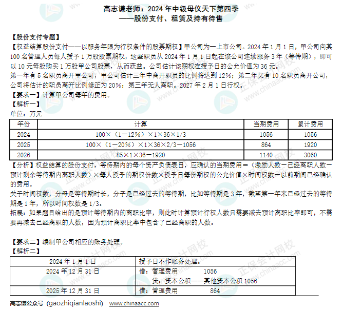 【答案】2024年《中級(jí)會(huì)計(jì)實(shí)務(wù)》母儀天下第四季-股份支付、租賃及持有待售