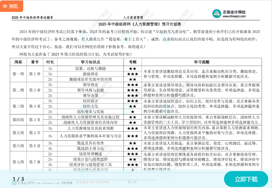 2025中級(jí)經(jīng)濟(jì)師《人力資源》預(yù)習(xí)計(jì)劃表