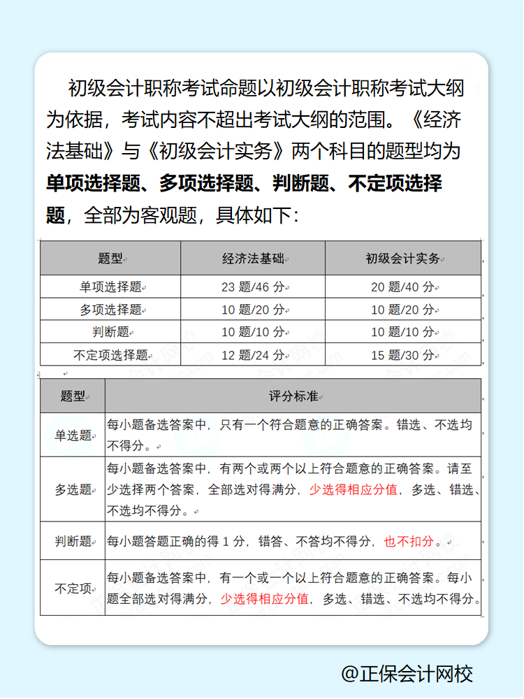 了解一下！初級(jí)會(huì)計(jì)職稱考試題型內(nèi)容與分值分布